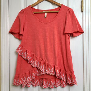 Matilda Jane Coral Pink Embroidered Top Eureka Springs Tiered Ruffle Boho Size M